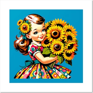 Little girl with sunflowers Posters and Art